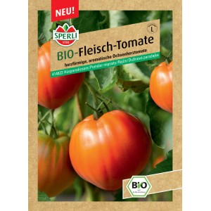 Sperli Bio Fleisch-Tomate Coeur de Boeuf Samenpackung mit herzförmigen Tomaten.