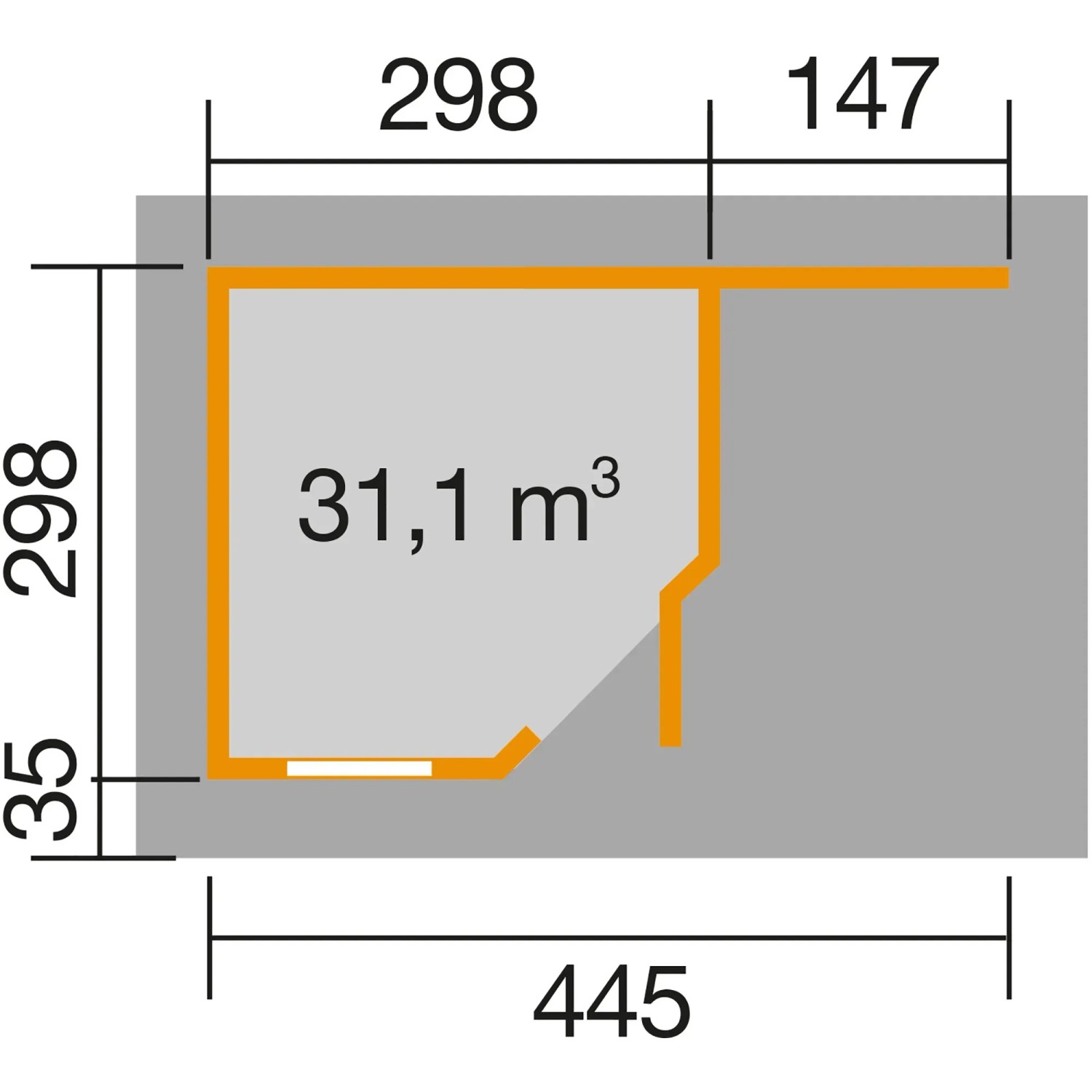 Grundriss Weka Holz-Gartenhaus Flachdach lasiert, 455x339 cm, mit Maßangaben.