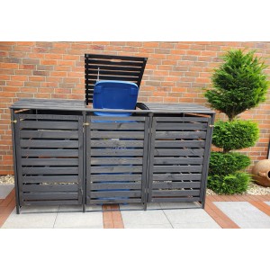 Anthrazitfarbene Mülltonnenbox Vario III für 3 Tonnen aus Kiefernholz mit geöffnetem Deckel.