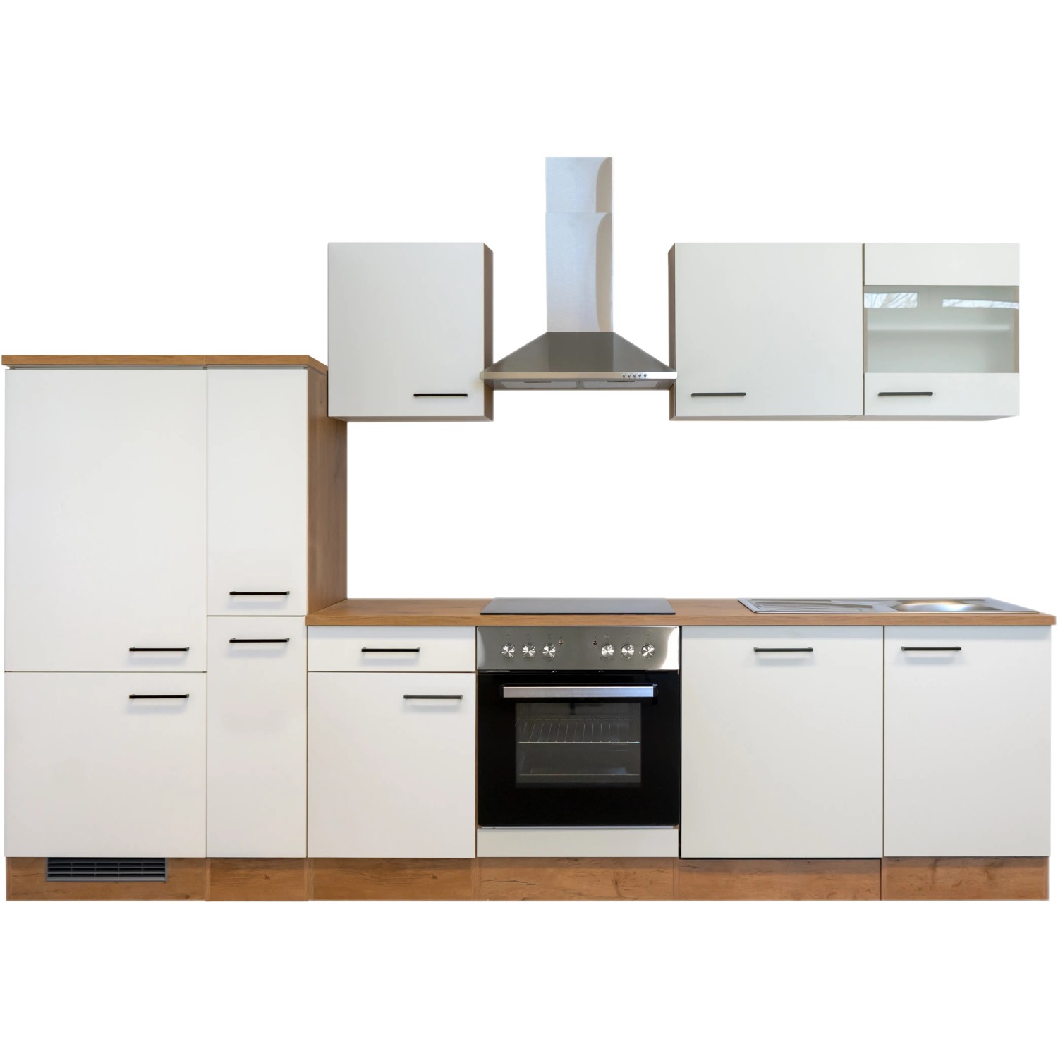 Flex-Well Küchenzeile Vintea 310 cm in Magnolia/Lancelot Oak mit E-Geräten und Spüle.