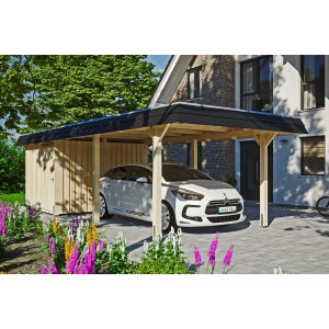 Skan Holz Carport Wendland mit Anbau und schwarzem Alu-Dach. Naturholz-Optik.