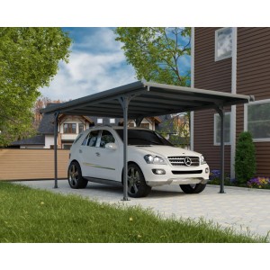 Grauer Canopia Carport Verona 5000 aus Aluminium mit Auto. Schutz vor Regen und UV-Strahlung.