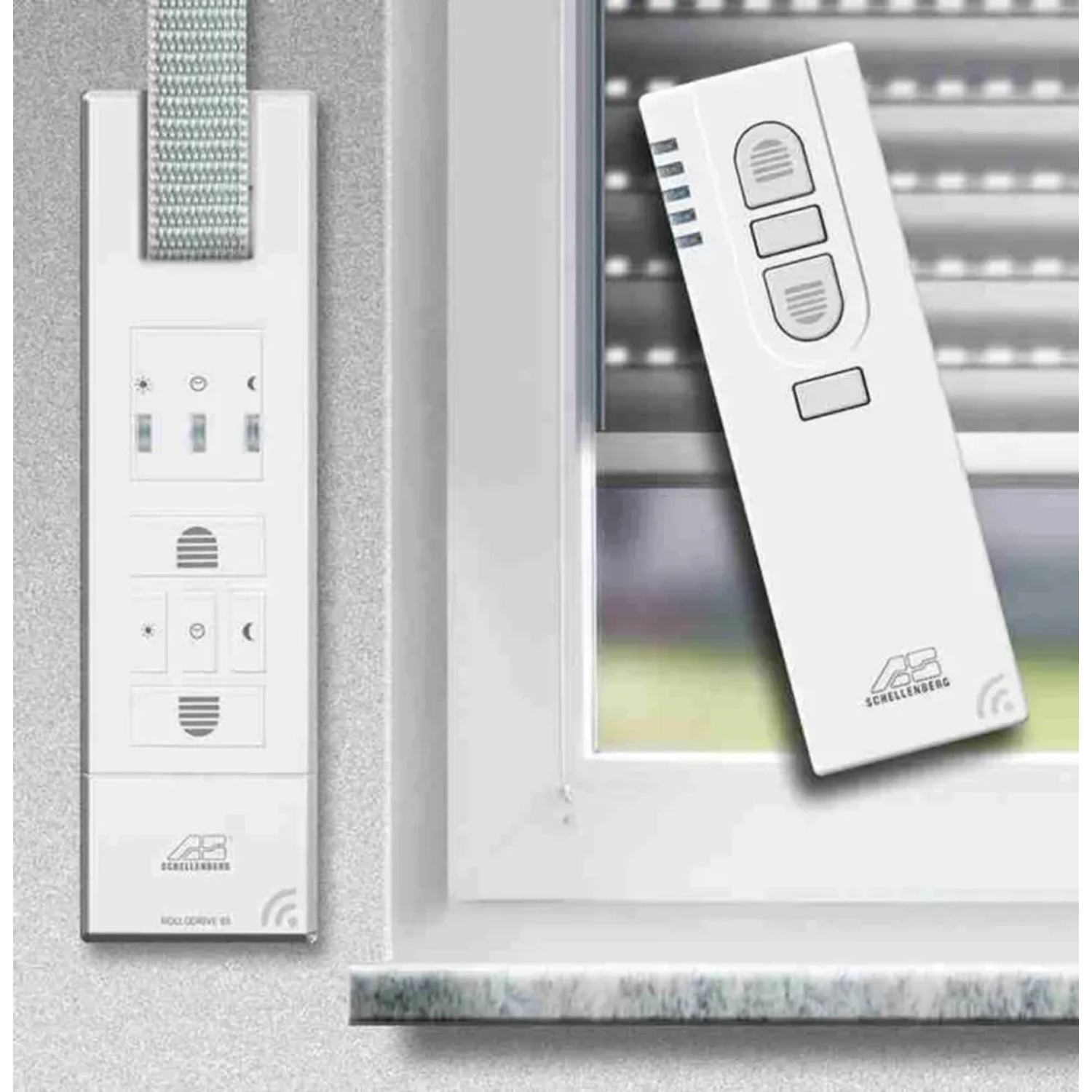 Schellenberg RolloDrive 65 Premium Rollladenantrieb mit Funk-Fernbedienung am Fenster.