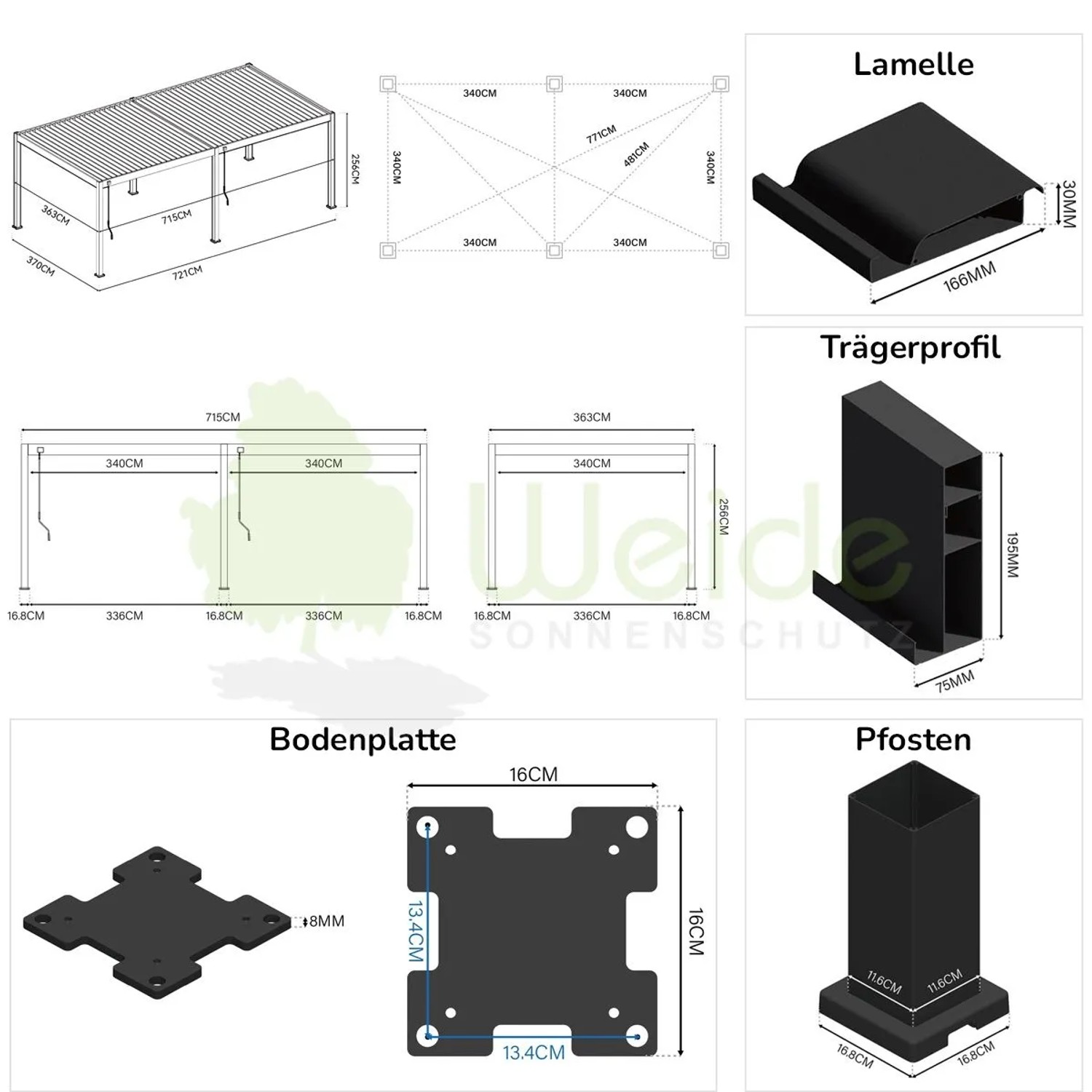 Technische Zeichnung der Weide Deluxe Pergola mit Lamellendach, Maßen und Detailansichten von Lamelle, Pfosten, Trägerprofil und Bodenplatte.