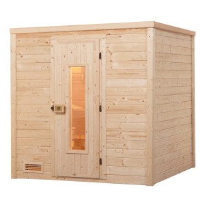 Weka Massivholzsauna Bergen mit Holztür und Glaseinsatz, naturbelassenes Fichtenholz.