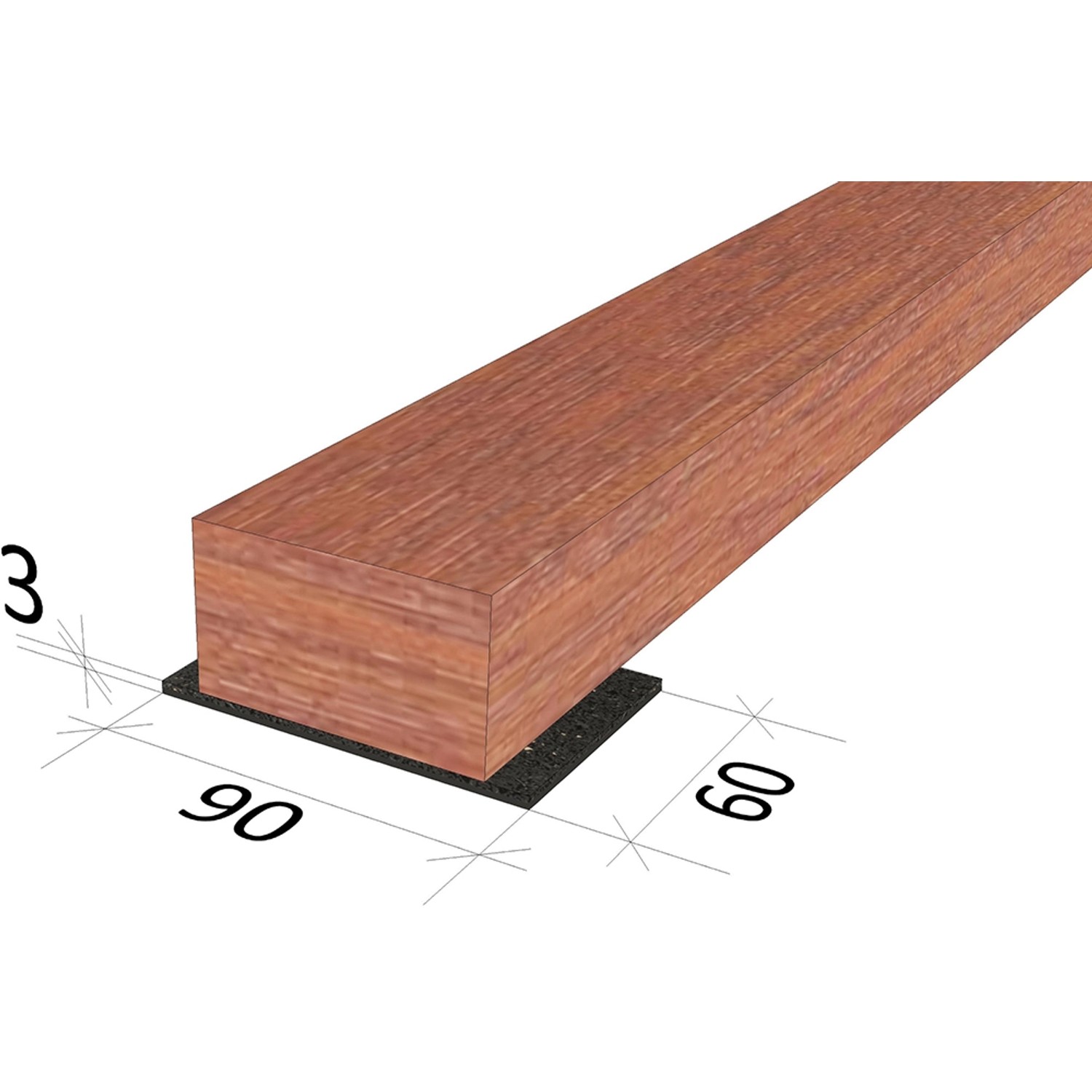 GS Gummipad unter einer Terrassendiele: 60x90x3 mm, für Schallschutz und Höhenausgleich.
