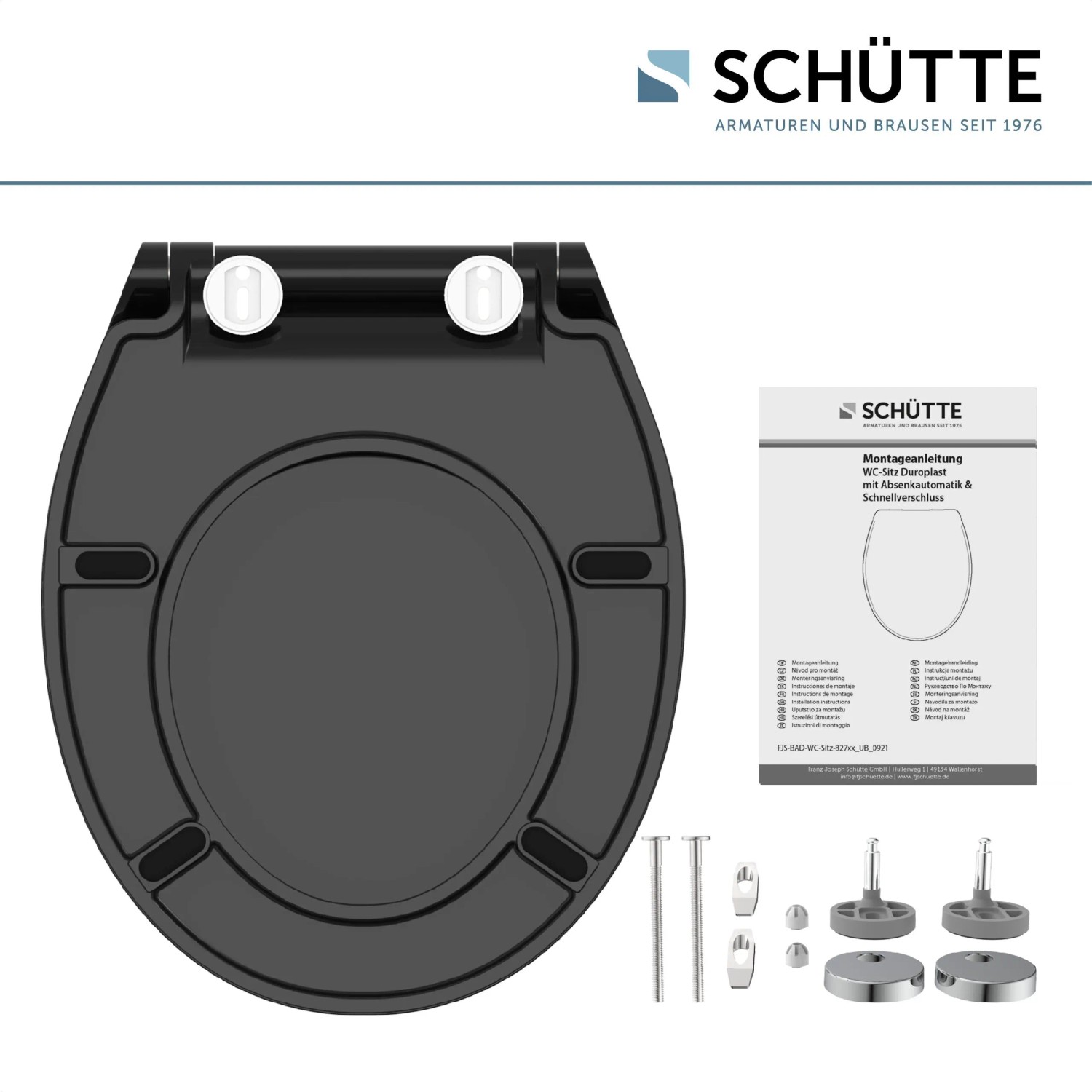 Schwarzer Schütte WC-Sitz Duroplast Slim mit Absenkautomatik und Schnellverschluss.