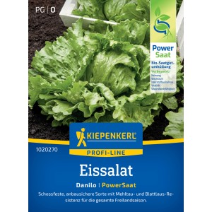 Kiepenkerl Eissalat Danilo Samenpackung mit frischem, grünem Salat im Beet.