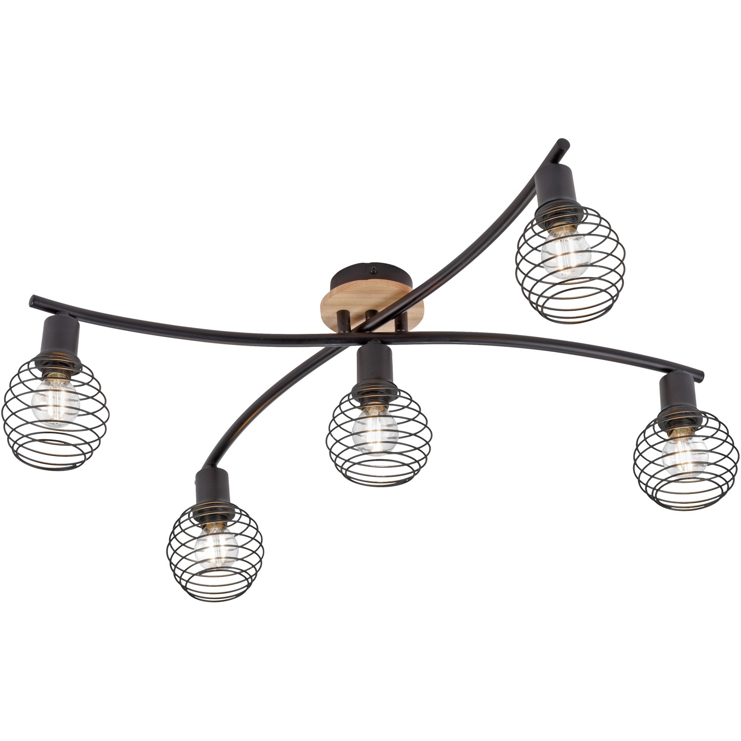 Just Light Spot Eugen: Fünfflammige Deckenleuchte in Schwarz mit Holz-Akzenten und Drahtschirmen.