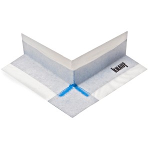 Knauf Dichtecke-Außen für Fliesenzubehör, Detailansicht der Eckabdichtung mit blauem Dichtband.