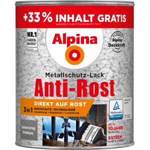 Dunkelgraue Alpina Metallschutz-Lack Dose mit Hammerschlag-Effekt, Anti-Rost Formel und 3in1 Rostschutz-Technologie.