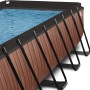 Detailansicht des braunen EXIT Wood Pool 400x200x100cm mit Stahlrahmen und Filterpumpe.