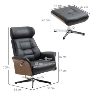 HOMCOM Relaxsessel mit Hocker Liegefunktion Drehbar bis 150kg Kunstleder Schwarz