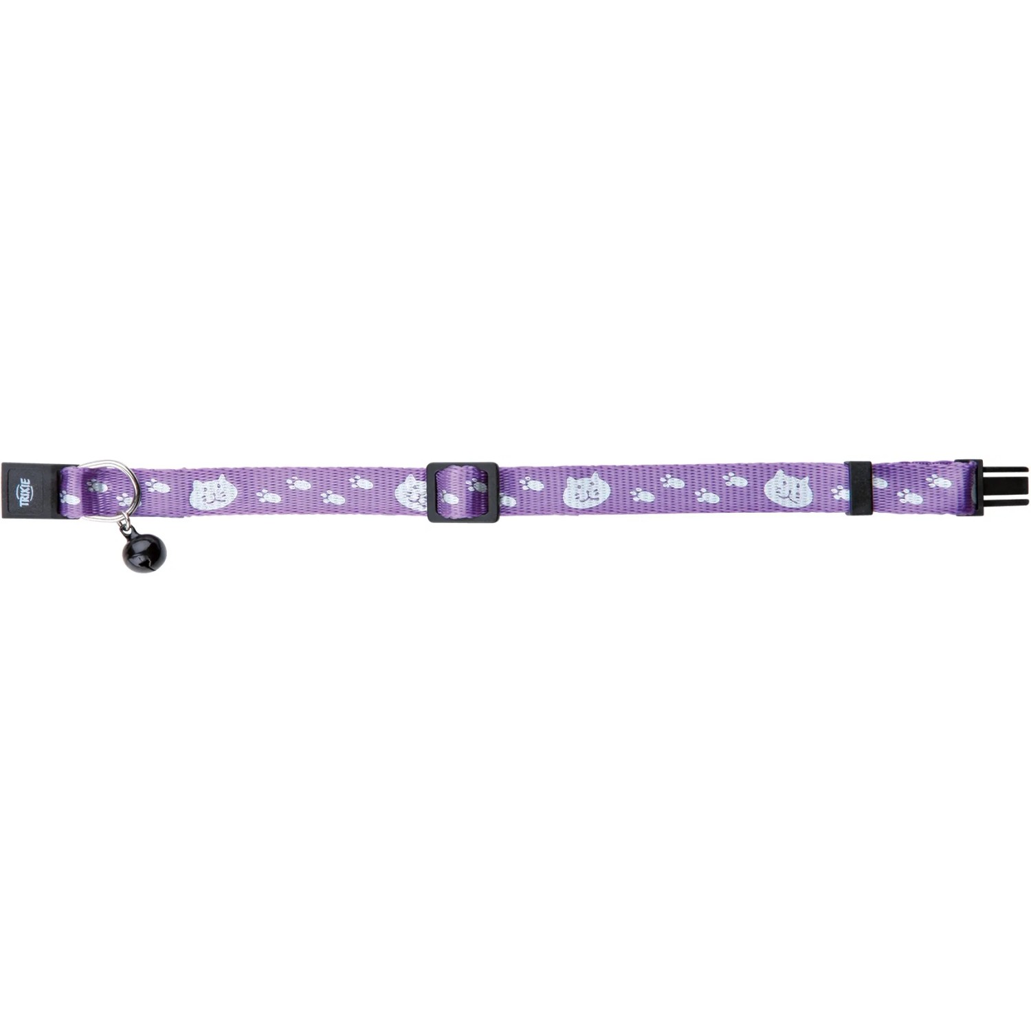 Reflektierendes Trixie Katzenhalsband aus Nylon, lila mit Katzenmotiven und Glöckchen.