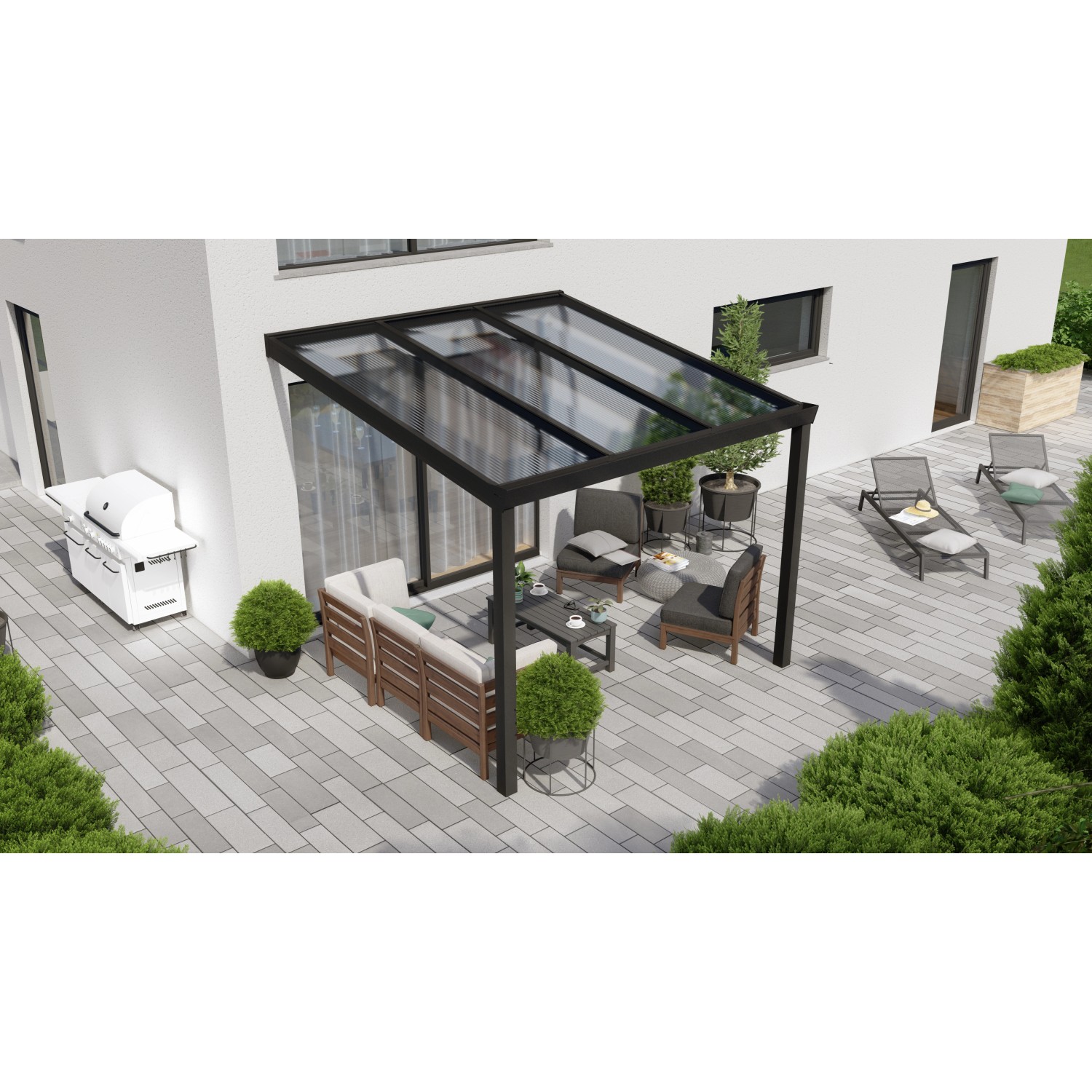 Schwarze Terrassenüberdachung Professional mit klarer Polycarbonat-Platte, 300x350 cm.