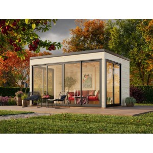 Hellbraunes Palmako Holz-Gartenhaus mit Pultdach und großen Glasfronten. Ideal als Gartenpavillon oder Geräteschuppen.