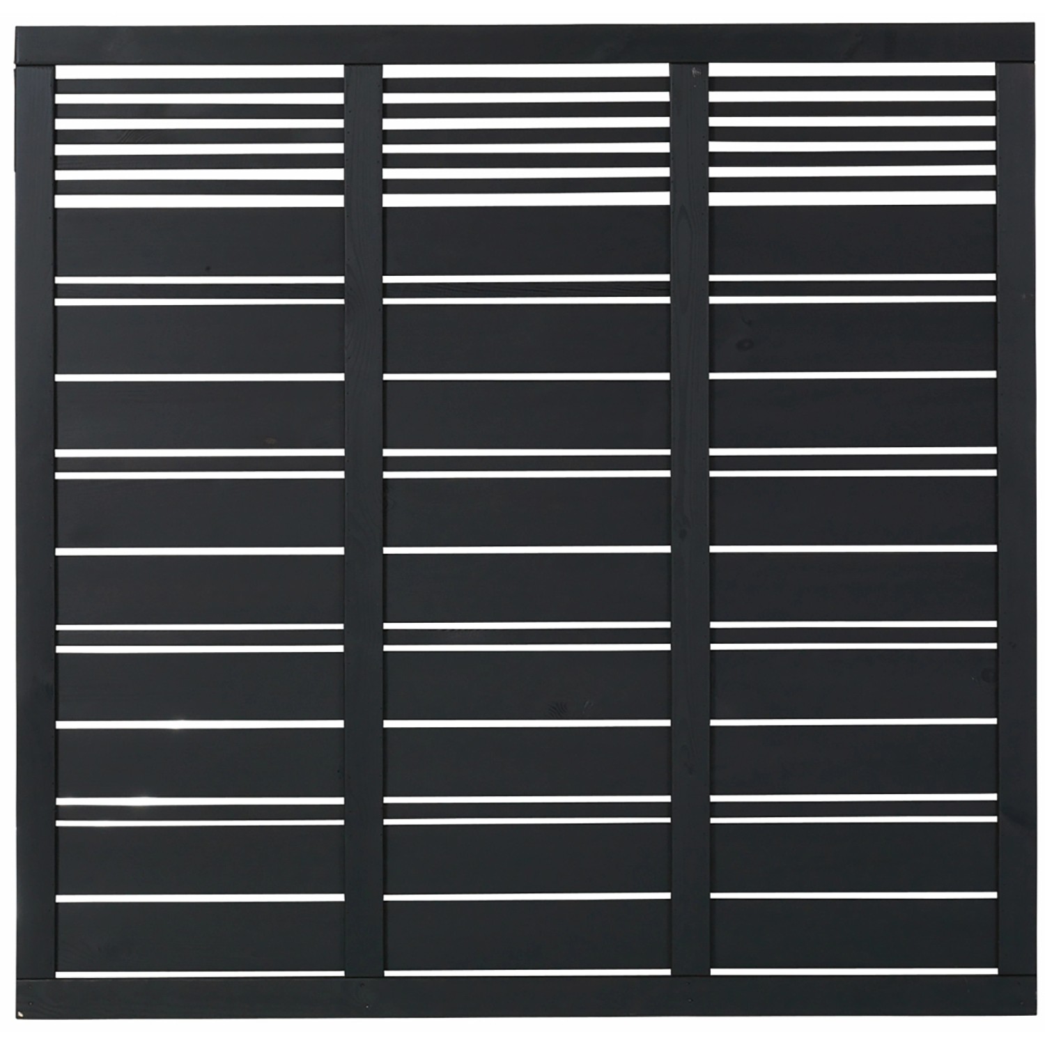 Schwarzer Sichtschutzzaun Silence aus Nadelholz, 176x170 cm, mit horizontalen Lamellen.