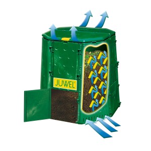 Juwel Aeroquick 890 XXL Thermokomposter: Grüner Kompostbehälter mit Belüftungssystem und offenem Entnahmeklappe.