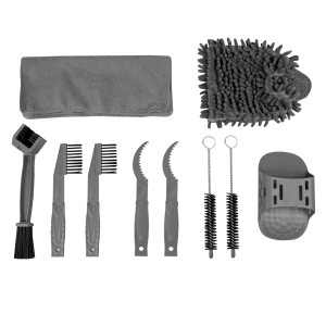 Eufab 10-teiliges Fahrrad-Pflegeset mit Bürsten, Schaber, Tuch und Handschuh für die Fahrradreinigung.