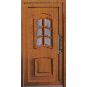 Kunststoff-Haustür in Golden Oak mit Glaseinsatz, 110x210 cm, Anschlag rechts.