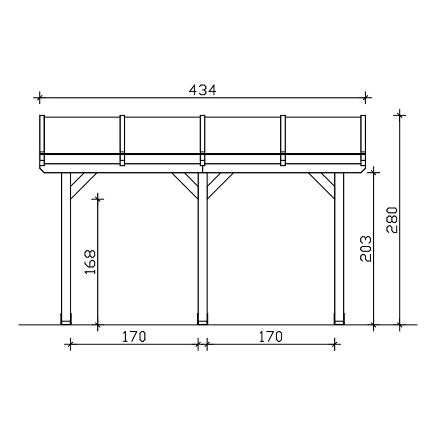 Technische Zeichnung der Skan Holz Terrassenüberdachung Bormio, 434x400 cm, aus Leimholz.