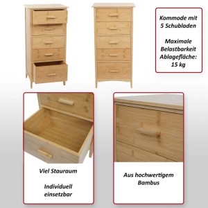 MCW Kommode M24, Bambus Badezimmerschrank mit 5 Schubladen