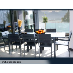 Home Deluxe Sitzgruppe Sol Madera, 6-teilig, mit Gartentisch und Stühlen auf einer Terrasse.
