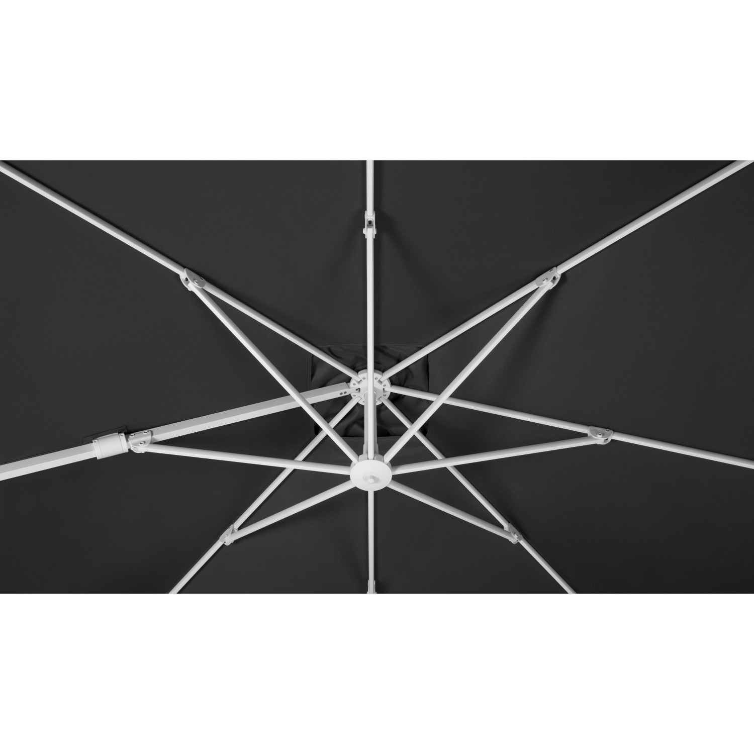 Ansicht von unten: Anthrazitfarbener Schneider Ampelschirm Rhodos mit weißem Gestell.