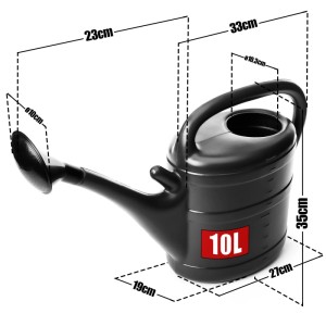 Anthrazitfarbene BigDean Gießkanne 10L aus Kunststoff mit Brausekopf. Maße und Füllstandsskala sind sichtbar.