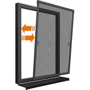 Anthrazitfarbener Insektenschutzrahmen aus Aluminium für Fenster, 120x150 cm, verschiebbar.