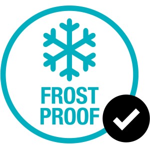 Symbol: Frostsicher. Schneeflocke im Kreis mit "Frost Proof" Schriftzug und Haken.