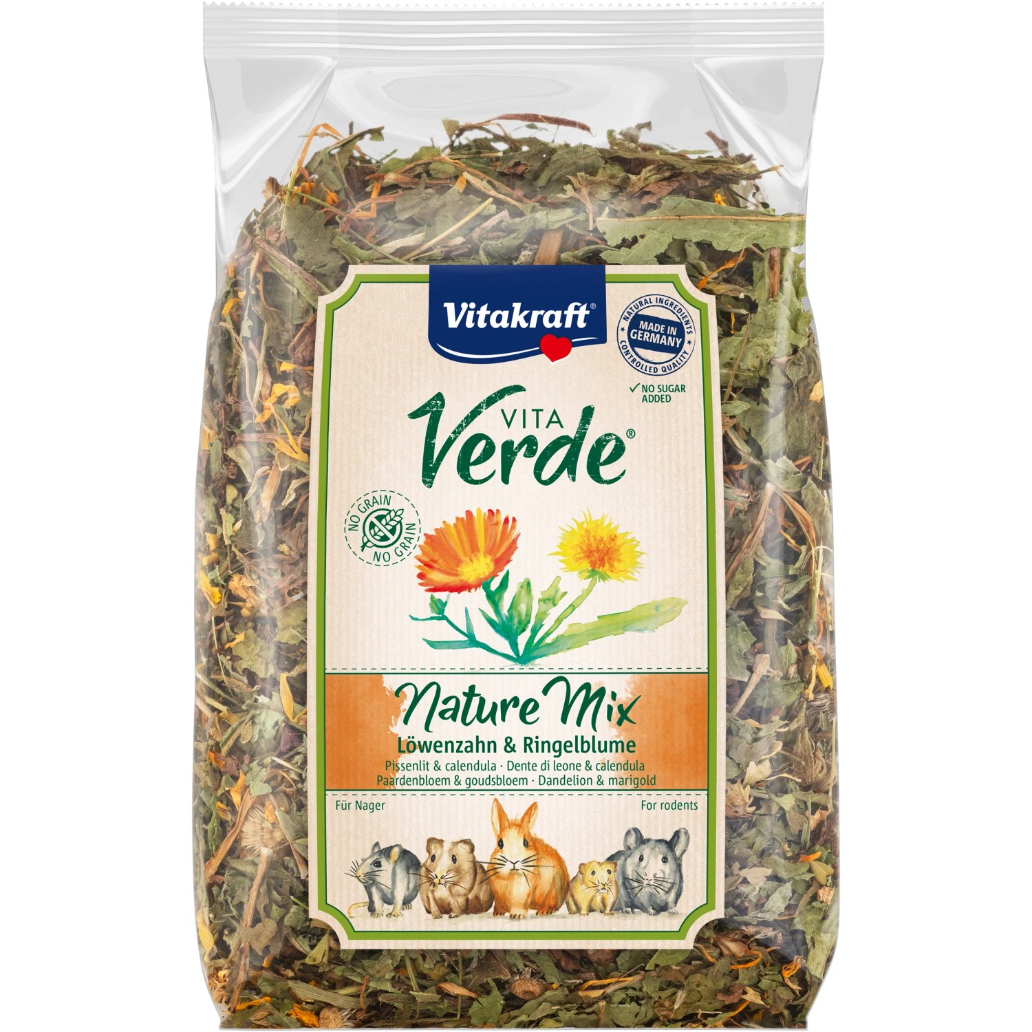 Vitakraft Vita Verde Nature Mix Nagerfutter mit Löwenzahn und Ringelblume, 100g Packung.