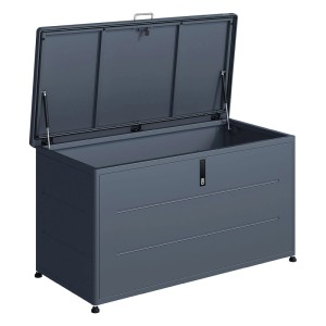 Geöffnete, anthrazitfarbene Weka Metall-Terrassenbox Gary 406, 135x66x74,5 cm.