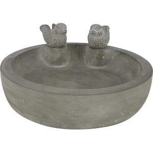 Hellgraue Vogeltränke aus Beton mit zwei Vogel-Figuren als Gartendeko.