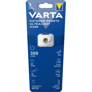 Varta LED-Kopflampe Outdoor Sports Ultralight H30R White in Verpackung, Details zu Lumen, Akku und Wasserschutz.