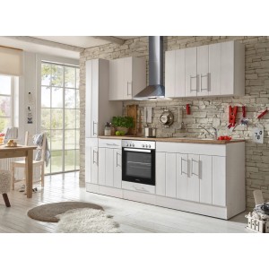 Respekta Landhausküche, 240 cm, Lärche Weiß matt mit E-Geräten und Apothekerschrank.