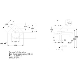 Technische Zeichnung Geberit Renova Compact Eckwaschbecken 69,5 cm mit Maßen für Installation.