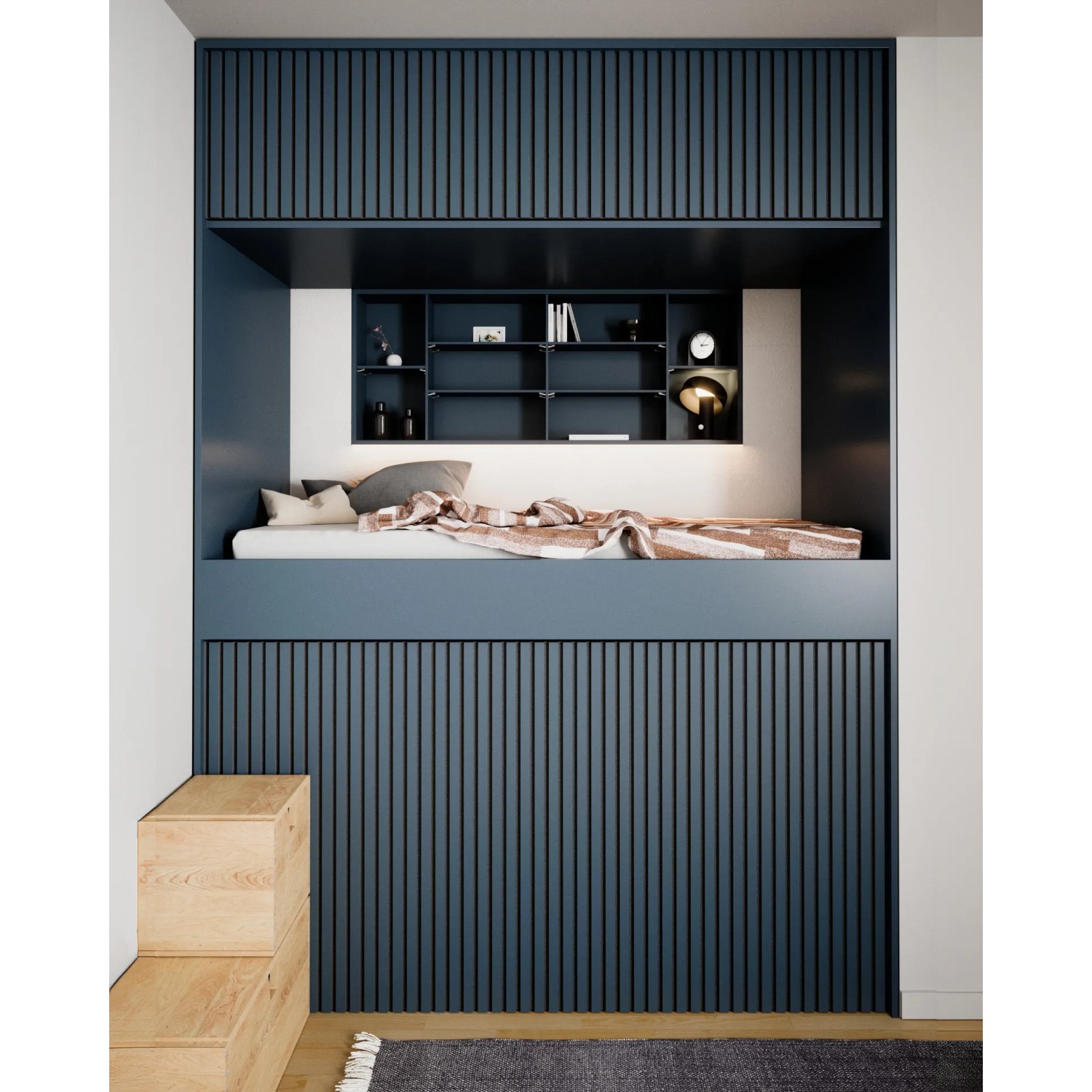 Blaues Akustikpaneel Linoleum Smokey Blue an Wand mit Bett und Regalen. Schallschutz für Wohnraum.