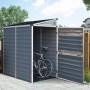 Graues Palram Canopia Gerätehaus Skylight 118x175cm mit geöffneter Tür und Fahrrad im Inneren.