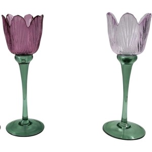 Boltze Teelichthalter Tully XS, 2er Set, Glas, farbig lackiert, blumige Form.
