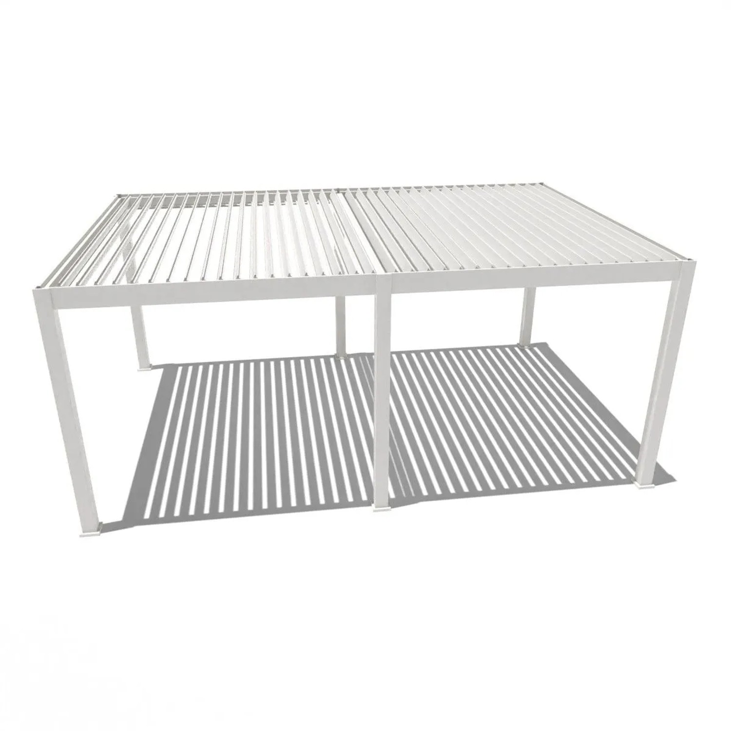 Weißer Aluminium Pavillon 4x6m mit elektrischem Lamellendach, teilweise geöffnet, für Terrassenüberdachung & Sonnenschutz.