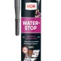 MEM Water Stop 290ml, steingraue Bauabdichtung mit Kartusche und Aufsatz.