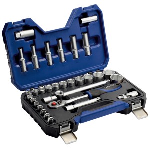 LUX Steckschlüsselsatz Comfort, 32-teilig mit Ratschen, Nüssen und Verlängerungen im blauen Koffer.