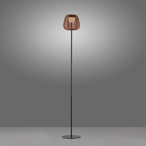 Schwarze LED-Akku-Stehleuchte Askia von Just Light, 120 cm hoch, mit Rattan-Schirm. Dekoleuchte für den Außenbereich.