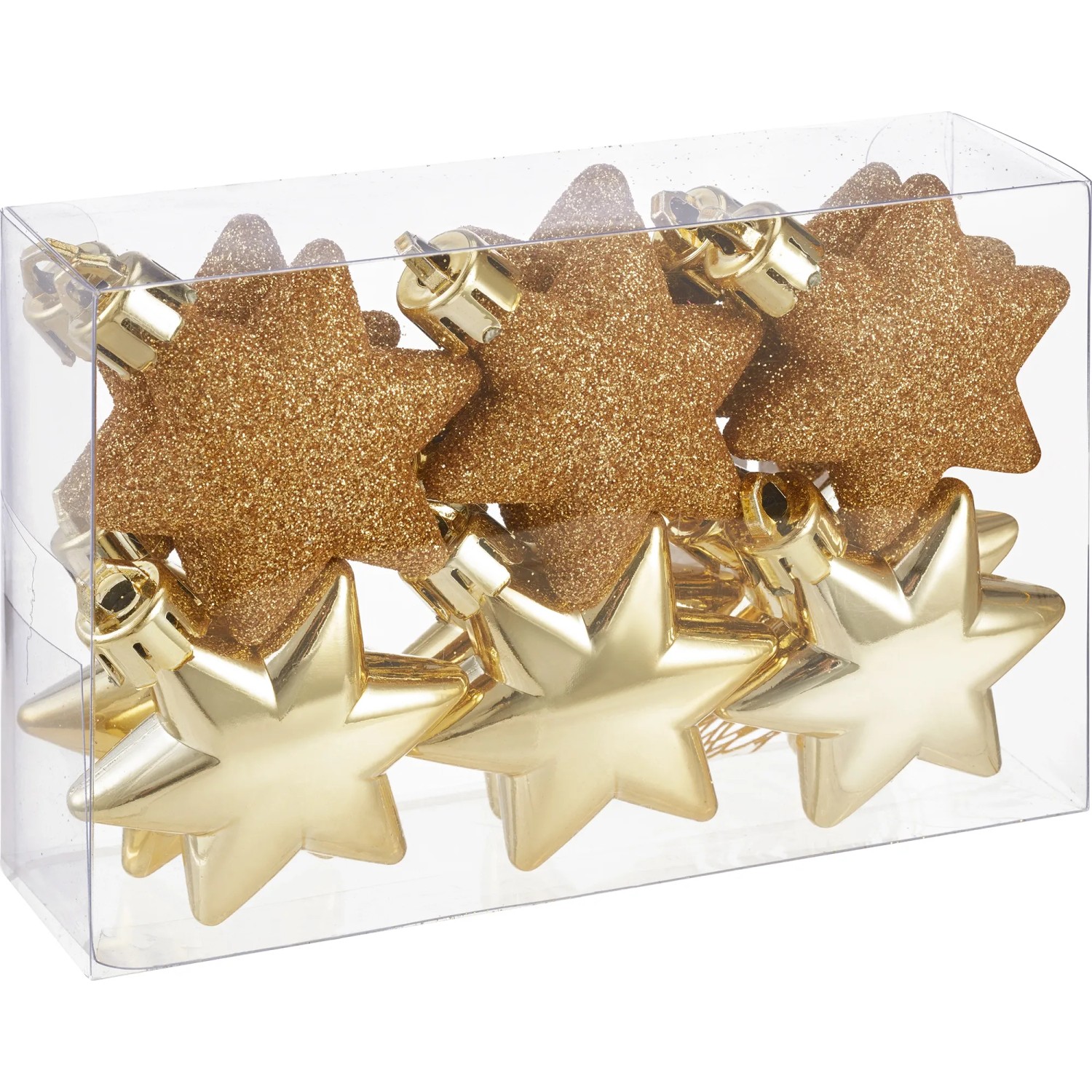 Baumschmuck-Set Sterne, 12-teilig, goldfarben, glitzernd und glänzend.