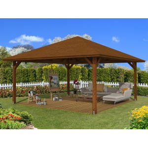 Holz-Pavillon Cannes 4 Nussbaum lasiert, 489x489 cm. Gartenlaube mit Holzterrasse und Sitzgruppe im Garten.