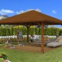 Holz-Pavillon Cannes 4 Nussbaum lasiert, 489x489 cm. Gartenlaube mit Holzterrasse und Sitzgruppe im Garten.