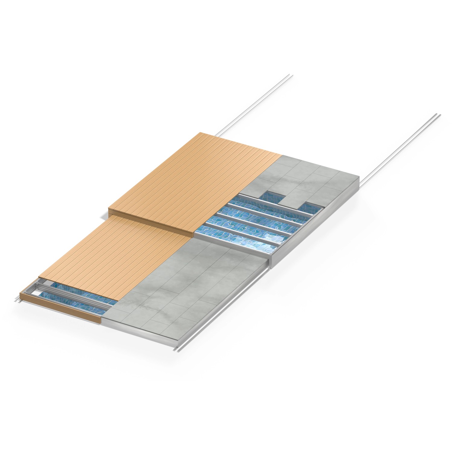 Begehbare Poolabdeckung mit Terrassendielen und Stopper für die Laufschiene.