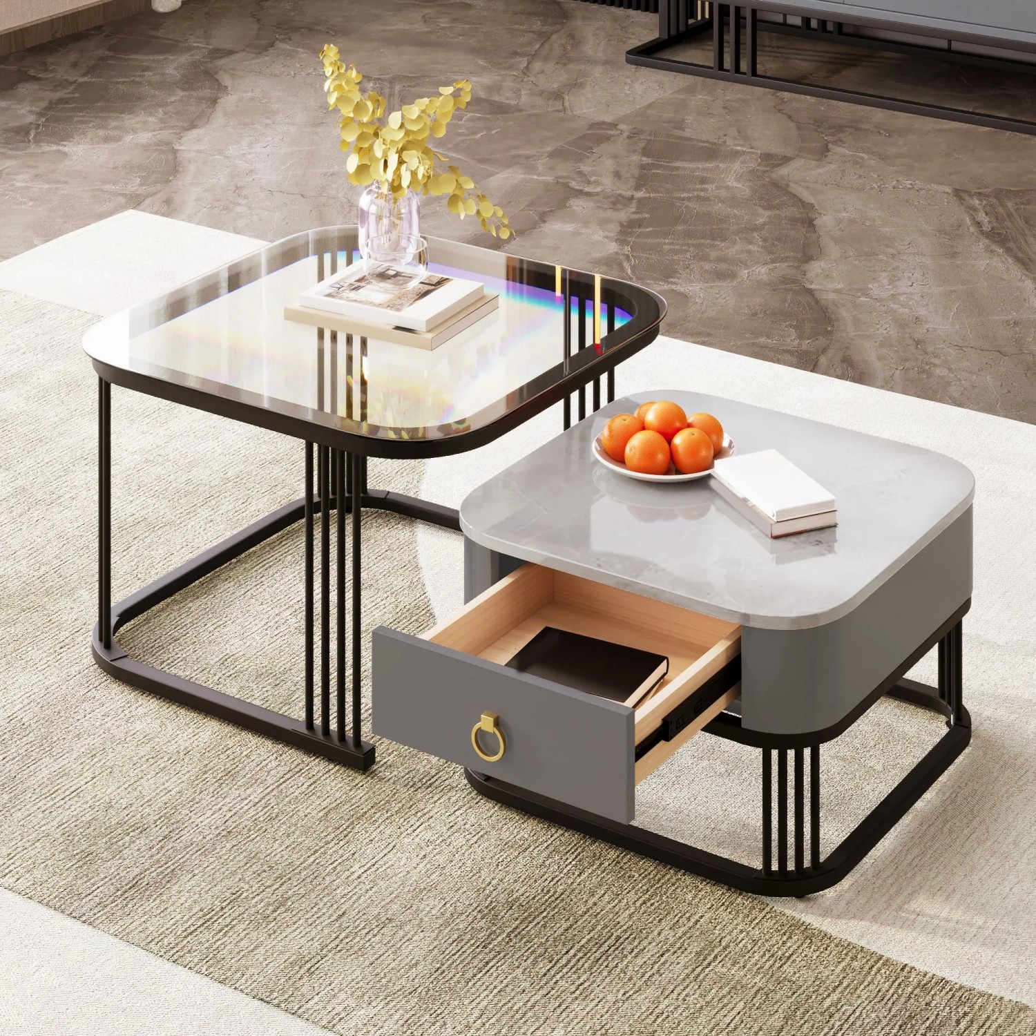 okwish Stapelbarer Couchtisch Beistelltisch mit Schubladen/Glasplatte Schwarz kaufen bei OBI