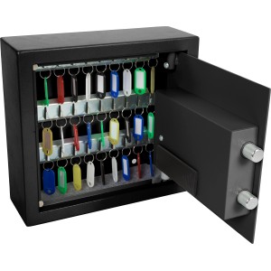 Schwarzer Perel Schlüsseltresor mit offenem Zahlenschloss und 30 farbigen Schlüsselanhängern.